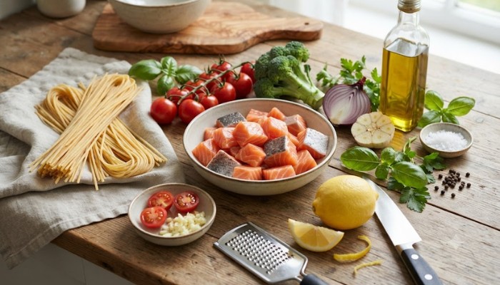 Fresh ingredients for easy salmon pasta including raw salmon cubes, pasta, lemon, and vegetables Fresh ingredients for easy salmon pasta including raw salmon cubes, pasta, lemon, and vegetables