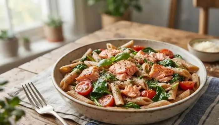 Healthy whole-wheat salmon pasta bowl packed with fresh spinach and tomatoes Healthy whole-wheat salmon pasta bowl packed with fresh spinach and tomatoes