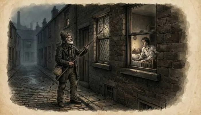 Archival illustration of a historical knocker-up waking workers by tapping on a bedroom window. Archival illustration of a historical knocker-up waking workers by tapping on a bedroom window.