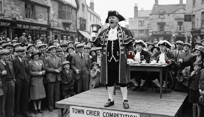 1935 historical photo of an English town crier participating in a voice competition. 1935 historical photo of an English town crier participating in a voice competition.