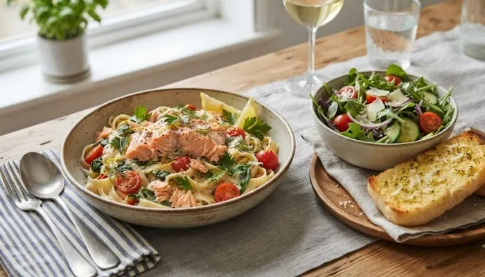 Easy salmon pasta served with a side of fresh green salad and toasted garlic bread Easy salmon pasta served with a side of fresh green salad and toasted garlic bread