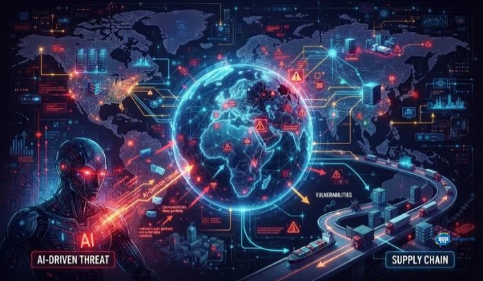 Illustration of AI-driven cyberattacks and supply chain vulnerabilities threatening global networks Illustration of AI-driven cyberattacks and supply chain vulnerabilities threatening global networks