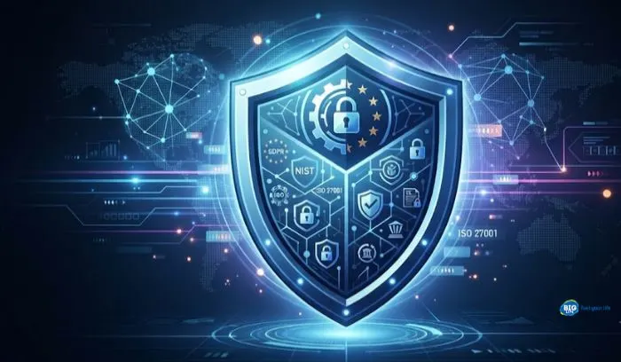 Global cyber regulations compliance shield representing EU Cyber Resilience Act and international laws Global cyber regulations compliance shield representing EU Cyber Resilience Act and international laws
