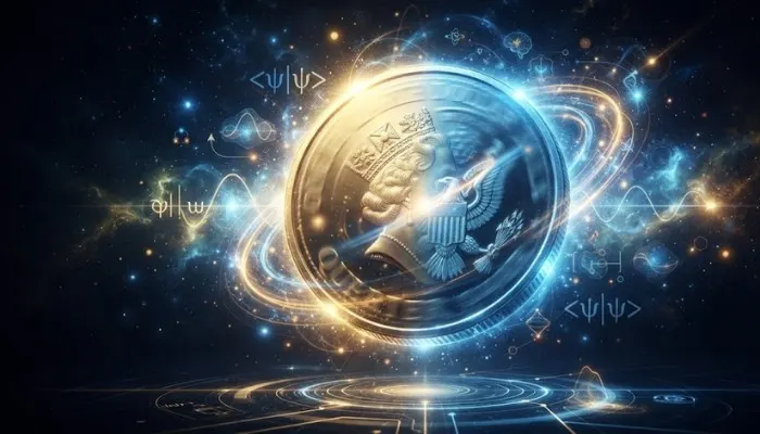 Conceptual illustration of a spinning coin showing quantum superposition of heads and tails Conceptual illustration of a spinning coin showing quantum superposition of heads and tails