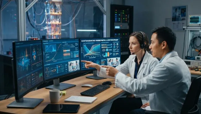 Researchers analyzing quantum advantage data on advanced computer monitors Researchers analyzing quantum advantage data on advanced computer monitors