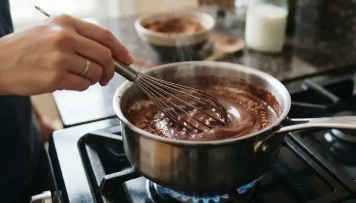 Whisking cocoa powder and milk in a saucepan on low flame to make smooth chocolate pudding