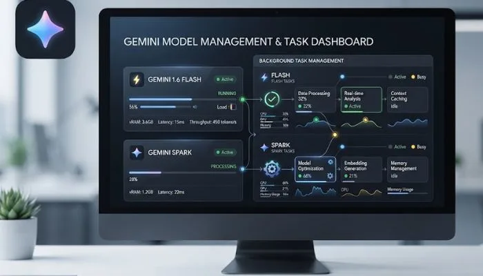 Google Gemini AI models interface showing 3.6 Flash and Spark background task management Google Gemini AI models interface showing 3.6 Flash and Spark background task management