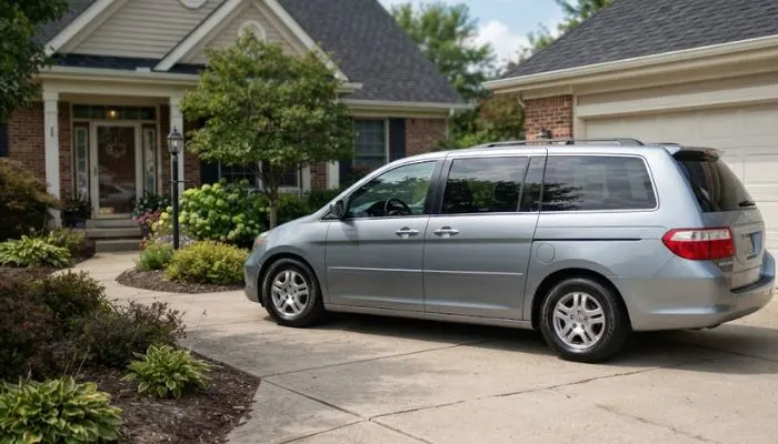 A mid-2000s silver Honda Odyssey minivan on a driveway.