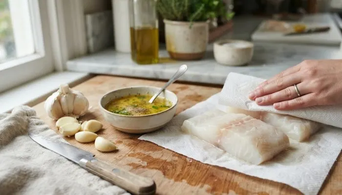 Fresh cod fillets being patted dry with paper towels next to a bowl of lemon butter sauce and fresh garlic.