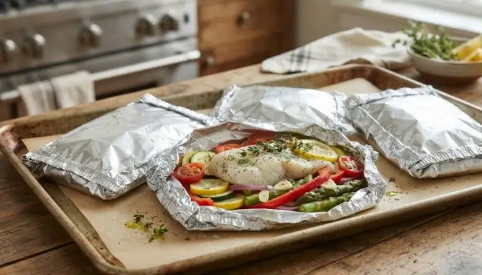 Cod fillets and fresh vegetables wrapped neatly in aluminum foil packets ready for the oven.