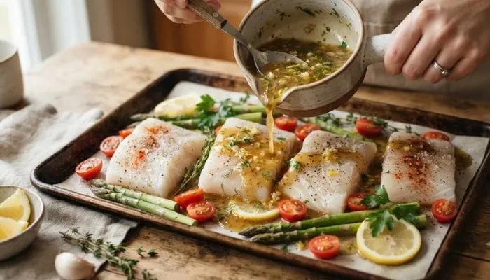 Pouring a rich lemon, garlic, and butter sauce evenly over raw cod fillets on a baking sheet.