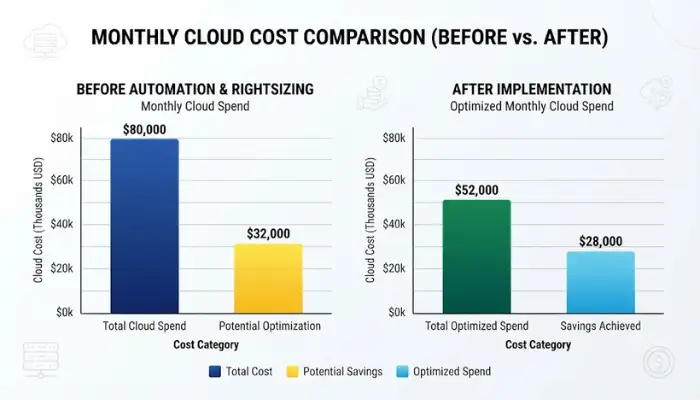 Bar chart comparing cloud infrastructure costs before and after implementing automated shutdowns and rightsizing.