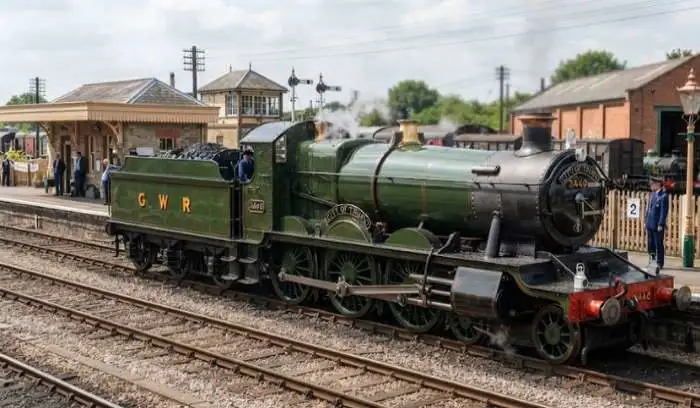British GWR 3,700 class No. 3440 City of Truro steam locomotive stationary on tracks. British GWR 3,700 class No. 3440 City of Truro steam locomotive stationary on tracks.