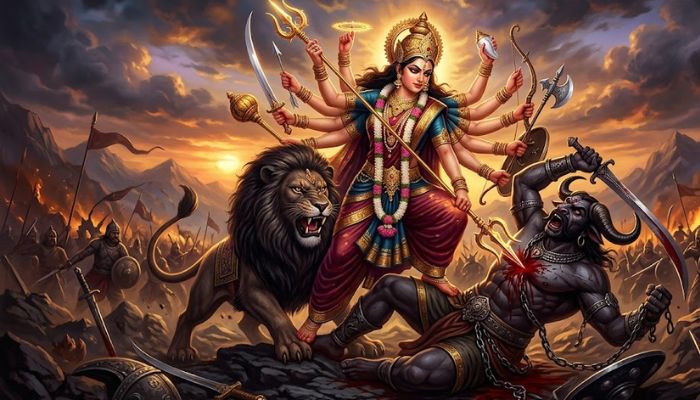 Goddess Durga slaying the demon Mahishasura representing the victory of good over evil Goddess Durga slaying the demon Mahishasura representing the victory of good over evil