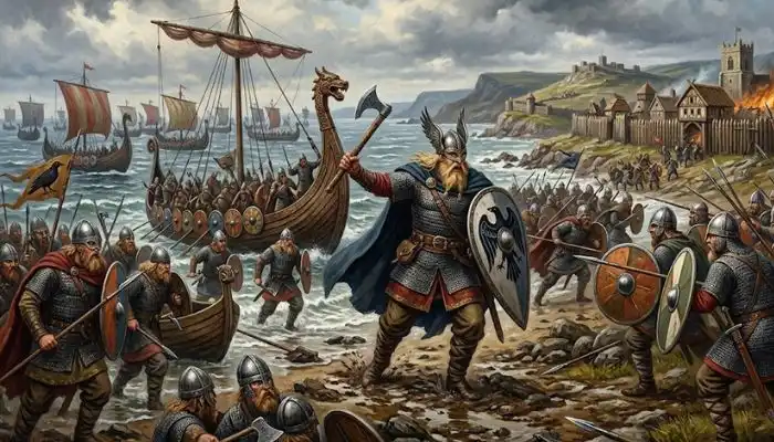 Historical artwork depicting Thorkell the Tall and Viking armies invading medieval Anglo-Saxon England Historical artwork depicting Thorkell the Tall and Viking armies invading medieval Anglo-Saxon England