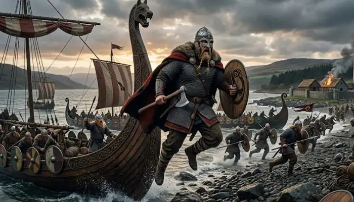 Viking chieftain leading a coastal raid campaign near Waterford Ireland in the 10th century Viking chieftain leading a coastal raid campaign near Waterford Ireland in the 10th century