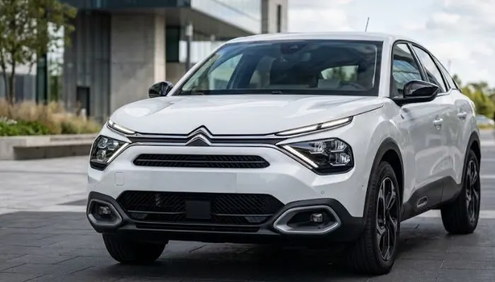 Front angle of a modern Citroen C4 showing slim LED headlights connected to the central chevron emblem Front angle of a modern Citroen C4 showing slim LED headlights connected to the central chevron emblem