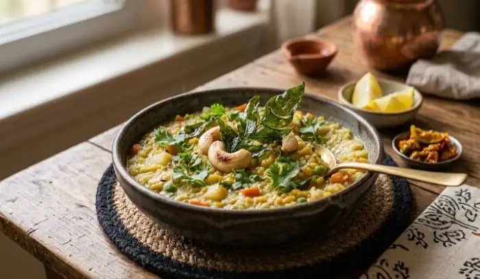 Close-up of freshly prepared samak rice garnished with coriander for Navratri fasting Close-up of freshly prepared samak rice garnished with coriander for Navratri fasting