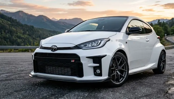 Front-three-quarter view of a white Toyota GR Yaris displaying wide wheel arches and an aggressive front grille Front-three-quarter view of a white Toyota GR Yaris displaying wide wheel arches and an aggressive front grille