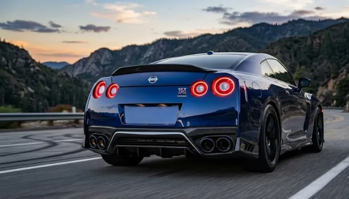Iconic rear view of a Nissan GT-R R35 featuring signature twin round taillights and massive lower diffuser
