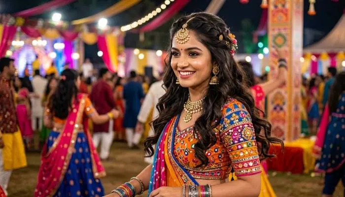 Half up half down open hair hairstyle pinned back at front with maang tikka for Garba Half up half down open hair hairstyle pinned back at front with maang tikka for Garba