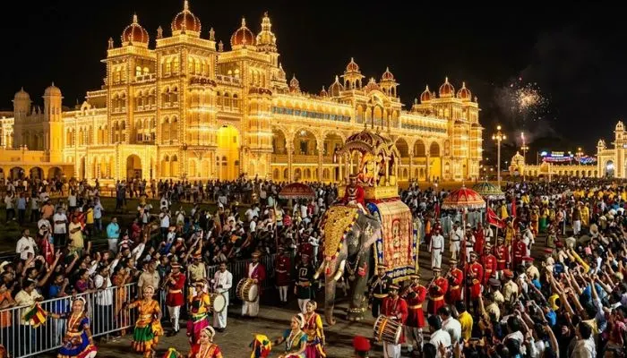 Illuminated Mysore Palace during the grand Dasara festival procession Illuminated Mysore Palace during the grand Dasara festival procession