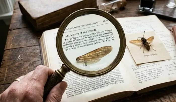Vintage magnifying glass looking at detailed scientific text and macro objects Vintage magnifying glass looking at detailed scientific text and macro objects