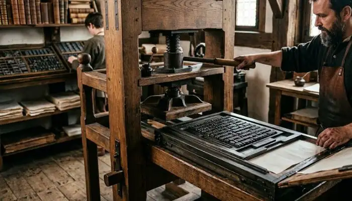 Historical wooden Gutenberg printing press showing movable metal type Historical wooden Gutenberg printing press showing movable metal type