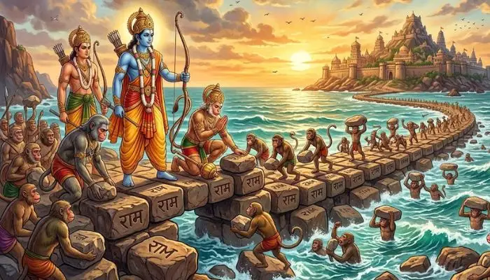 Illustration of Lord Ram and the Vanar Sena building the bridge to Lanka Illustration of Lord Ram and the Vanar Sena building the bridge to Lanka