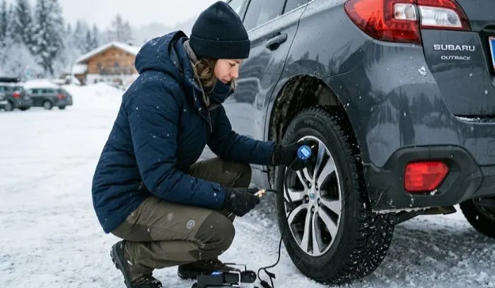 A driver checking and adjusting winter tire pressure with a digital gauge in cold weather A driver checking and adjusting winter tire pressure with a digital gauge in cold weather