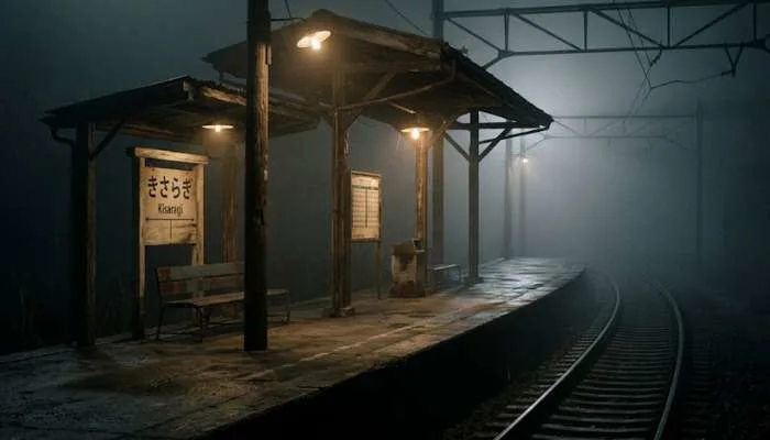 Empty misty train station platform at night representing the Kisaragi Station urban legend Empty misty train station platform at night representing the Kisaragi Station urban legend