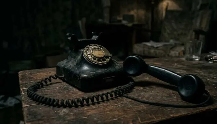 Vintage telephone receiver sitting on a dark table depicting the man upstairs urban legend Vintage telephone receiver sitting on a dark table depicting the man upstairs urban legend