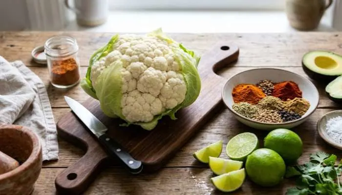Fresh ingredients for roasted cauliflower tacos including head of cauliflower, Mexican spices, lime, and avocado