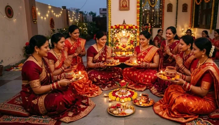 Married women sitting in a circle performing Karwa Chauth evening puja rituals