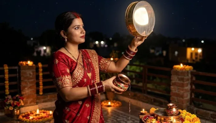 Offering Arghya water to the moon through a chalni during Karwa Chauth moonrise